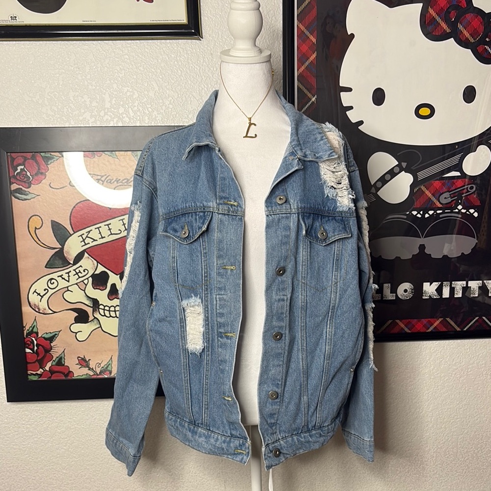 Endless Love Light Wash Oversized Distressed Denim Jacket Grunge Indie Skater